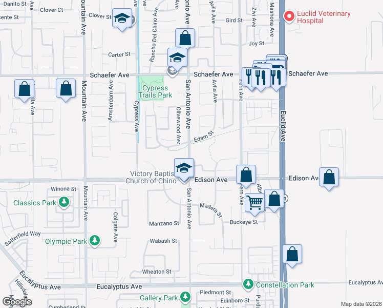 map of restaurants, bars, coffee shops, grocery stores, and more near 2-3 San Antonio Avenue in Chino