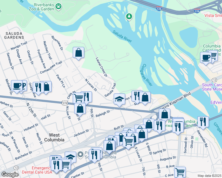 map of restaurants, bars, coffee shops, grocery stores, and more near 100 Riverbend Drive in West Columbia