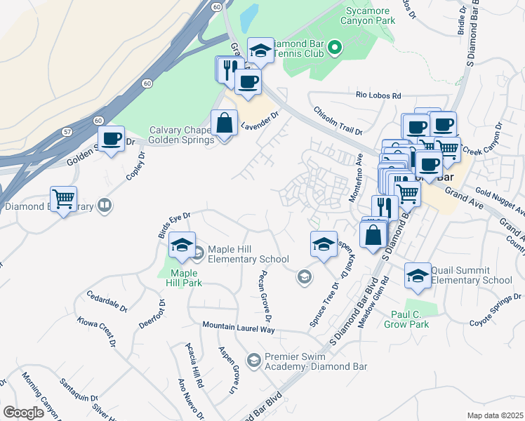 map of restaurants, bars, coffee shops, grocery stores, and more near 22608 Ironbark Drive in Diamond Bar
