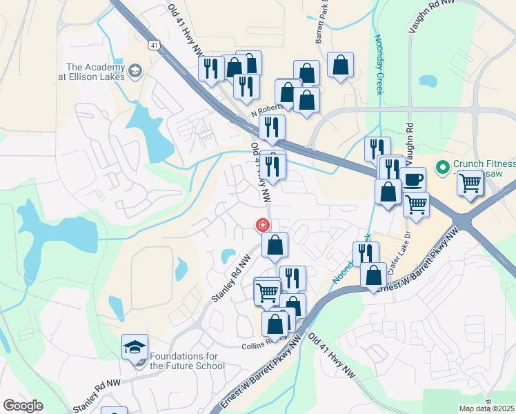 map of restaurants, bars, coffee shops, grocery stores, and more near 2114 Trees of Kennesaw Parkway Northwest in Kennesaw