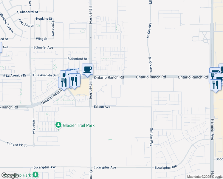 map of restaurants, bars, coffee shops, grocery stores, and more near 4063 Sunflower Paseo in Ontario