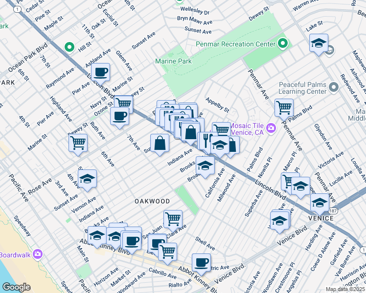 map of restaurants, bars, coffee shops, grocery stores, and more near 707 Lincoln Boulevard in Los Angeles