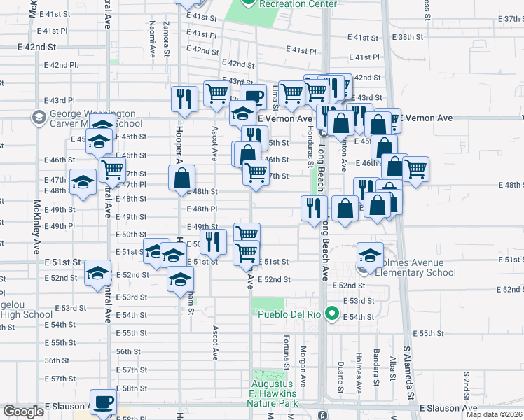 map of restaurants, bars, coffee shops, grocery stores, and more near 1556 East 48th Place in Los Angeles
