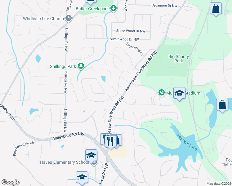map of restaurants, bars, coffee shops, grocery stores, and more near 1933 Westover Lane in Kennesaw