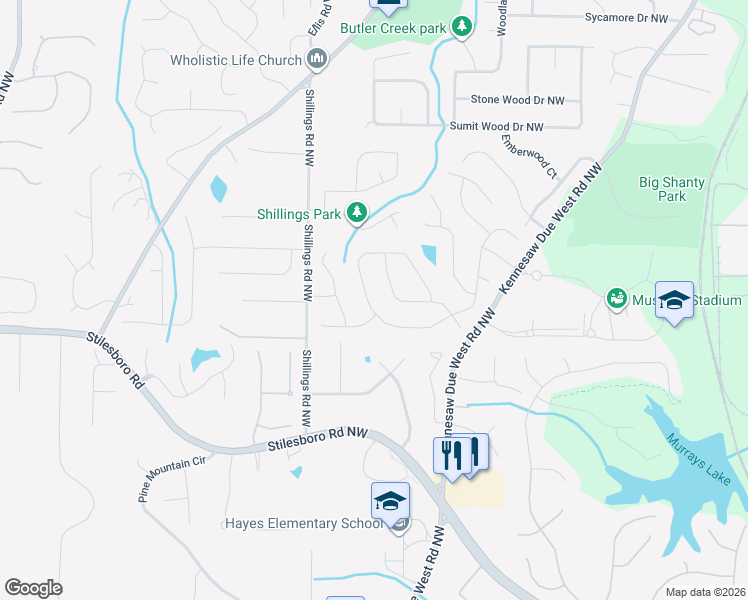 map of restaurants, bars, coffee shops, grocery stores, and more near 1966 Westover Lane in Kennesaw