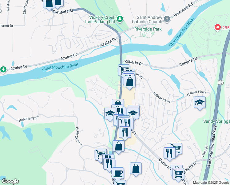 map of restaurants, bars, coffee shops, grocery stores, and more near 1432 Huntcliff Village Court in Sandy Springs