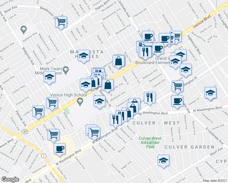 map of restaurants, bars, coffee shops, grocery stores, and more near 12766 Pacific Avenue in Los Angeles