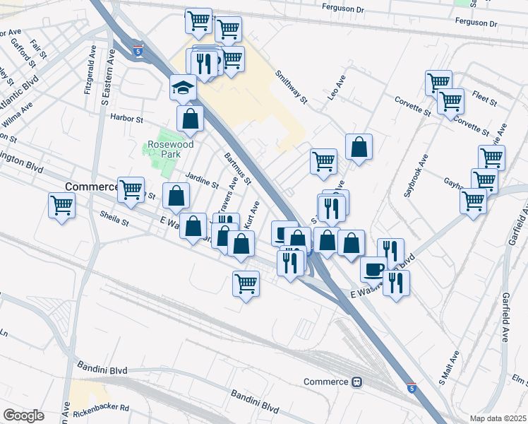 map of restaurants, bars, coffee shops, grocery stores, and more near 2538 Fidelia Avenue in Commerce