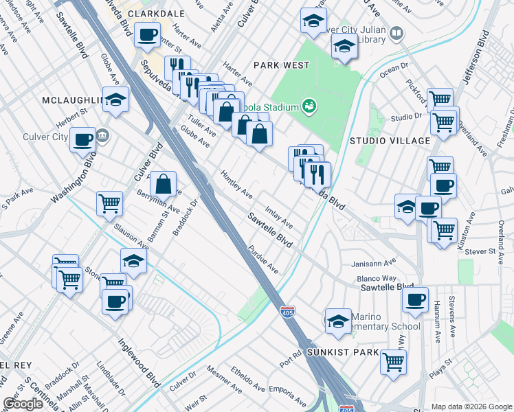 map of restaurants, bars, coffee shops, grocery stores, and more near 4757 Imlay Avenue in Culver City