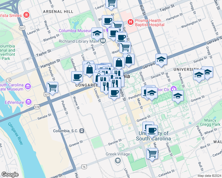 map of restaurants, bars, coffee shops, grocery stores, and more near 1001 Senate Street in Columbia