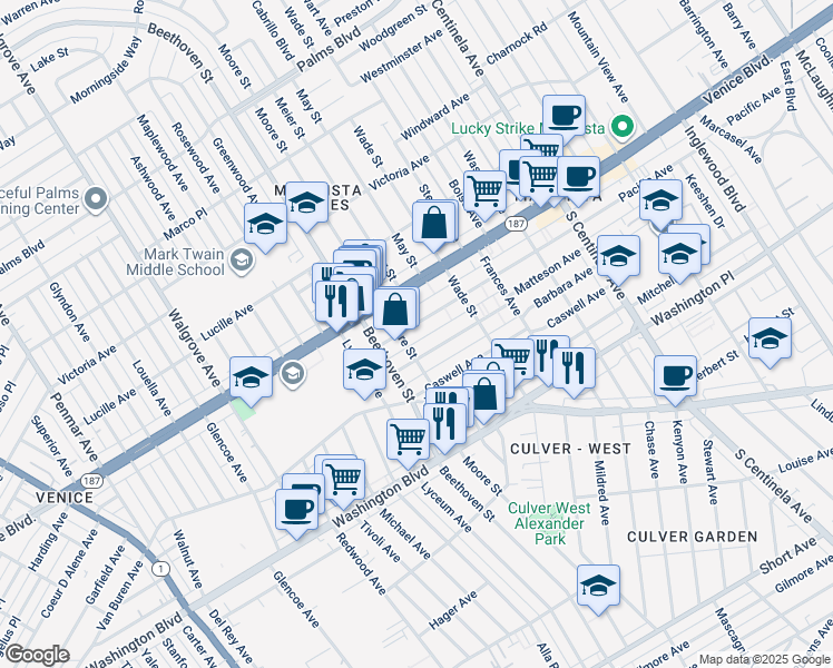 map of restaurants, bars, coffee shops, grocery stores, and more near 12766 Pacific Avenue in Los Angeles