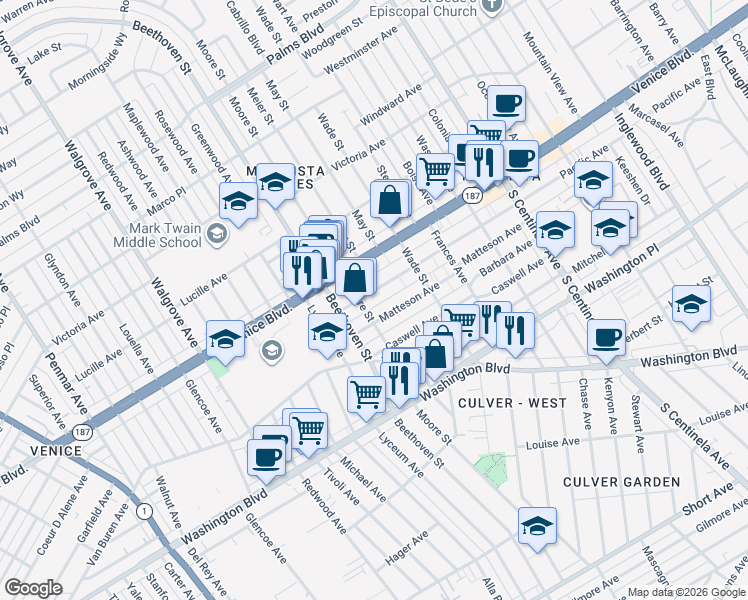 map of restaurants, bars, coffee shops, grocery stores, and more near 12766 Pacific Avenue in Los Angeles