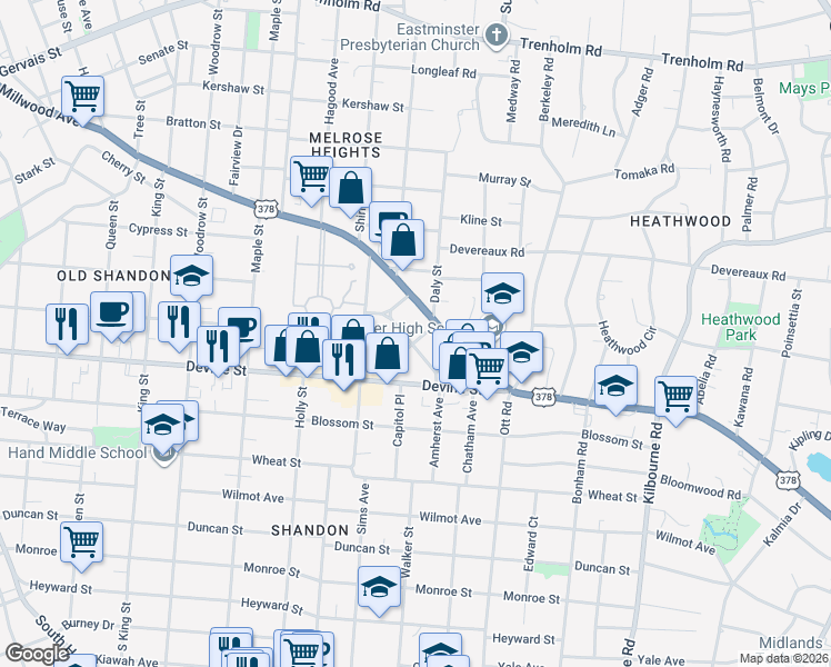 map of restaurants, bars, coffee shops, grocery stores, and more near 3123 Amherst Avenue in Columbia
