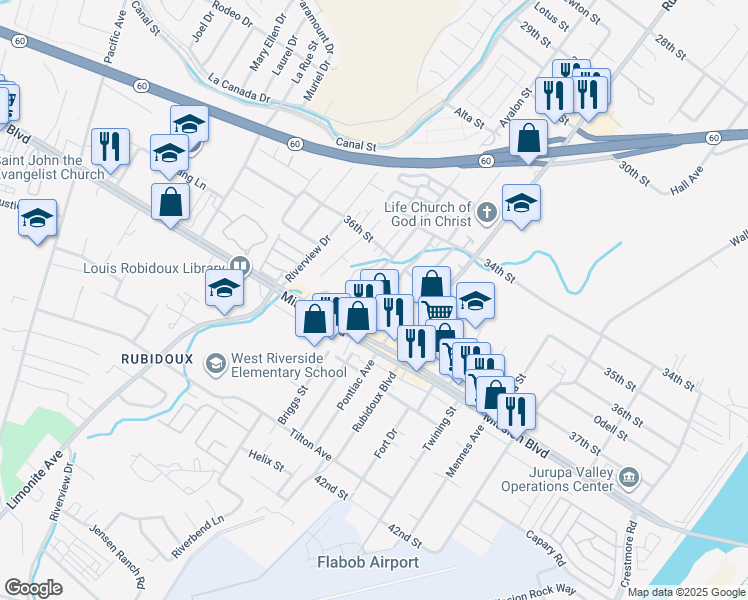 map of restaurants, bars, coffee shops, grocery stores, and more near 3705 Pioneer Drive in Riverside