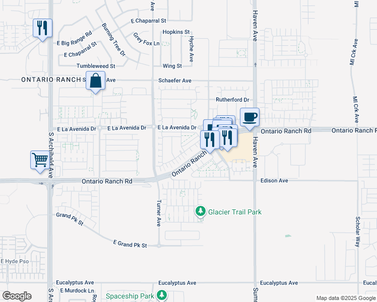 map of restaurants, bars, coffee shops, grocery stores, and more near 3180 East Yountville Drive in Ontario