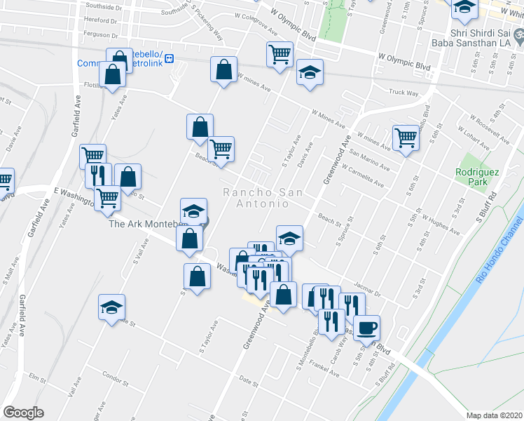 map of restaurants, bars, coffee shops, grocery stores, and more near 845 South Taylor Avenue in Montebello