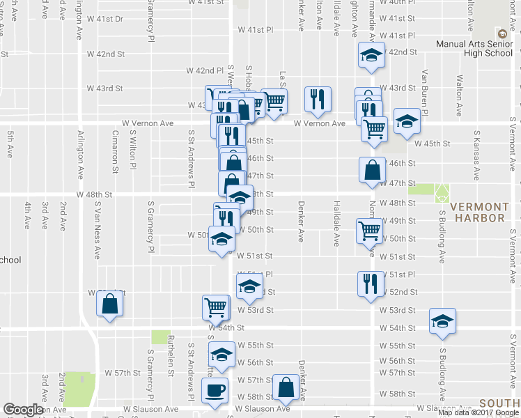 map of restaurants, bars, coffee shops, grocery stores, and more near 1592 West 49th Street in Los Angeles