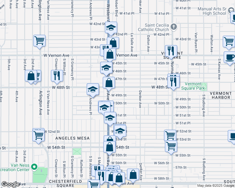 map of restaurants, bars, coffee shops, grocery stores, and more near 1632 West 49th Street in Los Angeles
