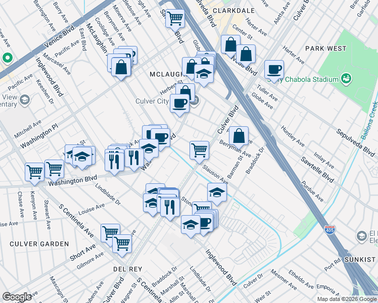 map of restaurants, bars, coffee shops, grocery stores, and more near 4365 McLaughlin Avenue in Los Angeles