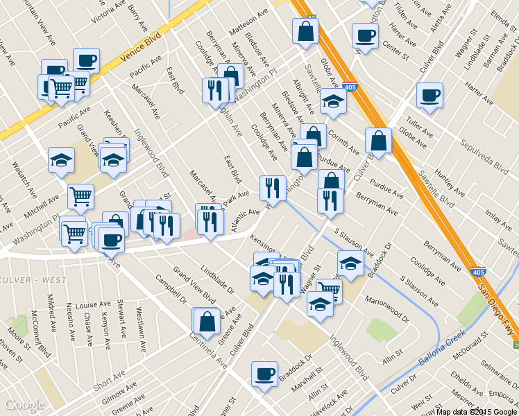 map of restaurants, bars, coffee shops, grocery stores, and more near 11791 Washington Boulevard in Los Angeles