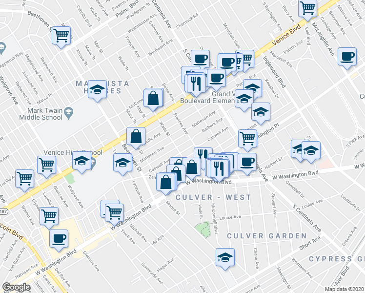 map of restaurants, bars, coffee shops, grocery stores, and more near 12626 Caswell Avenue in Los Angeles