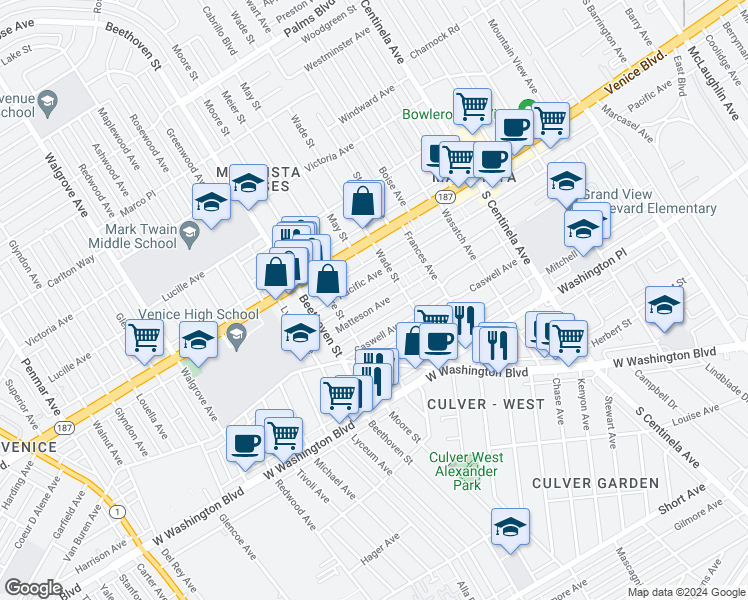 map of restaurants, bars, coffee shops, grocery stores, and more near 12757 Matteson Avenue in Los Angeles