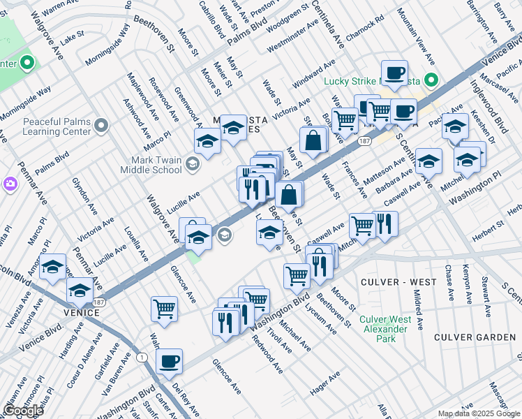 map of restaurants, bars, coffee shops, grocery stores, and more near 3816 Lyceum Avenue in Los Angeles