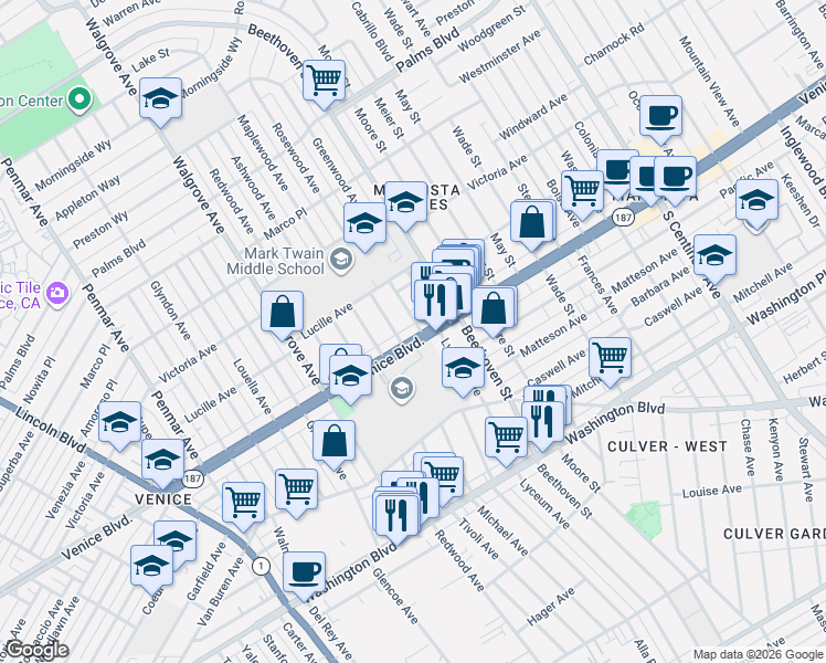 map of restaurants, bars, coffee shops, grocery stores, and more near 13011 Venice Boulevard in Los Angeles