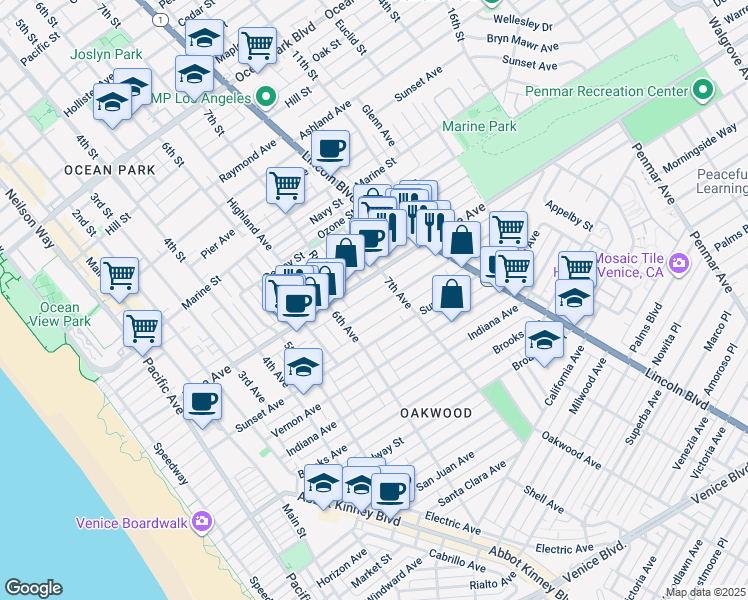 map of restaurants, bars, coffee shops, grocery stores, and more near 652 Flower Avenue in Los Angeles