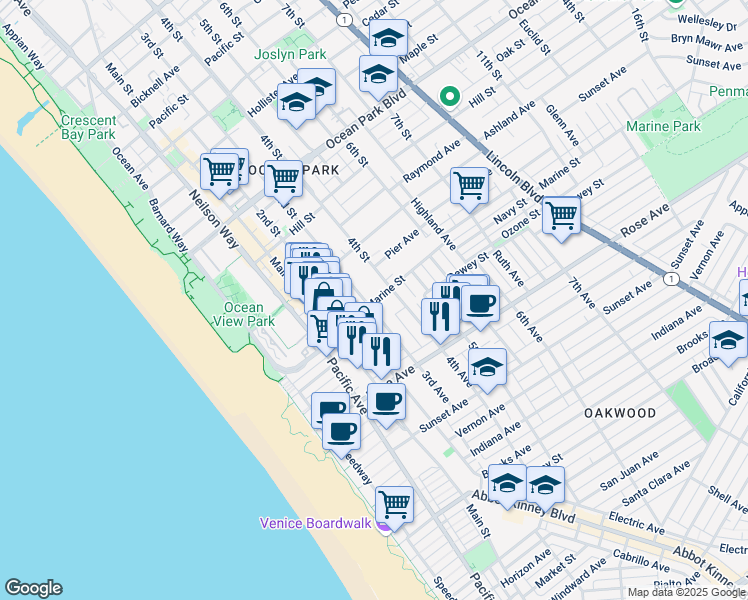 map of restaurants, bars, coffee shops, grocery stores, and more near 3111 3rd Street in Santa Monica