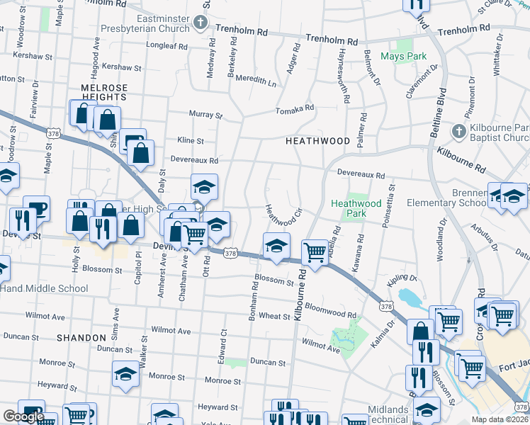 map of restaurants, bars, coffee shops, grocery stores, and more near 737 Sweetbriar Road in Columbia