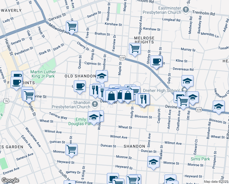 map of restaurants, bars, coffee shops, grocery stores, and more near 724 Maple Street in Columbia