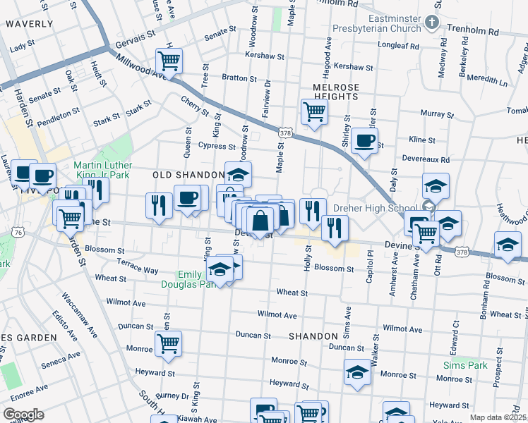 map of restaurants, bars, coffee shops, grocery stores, and more near 103G Maple Street in Columbia