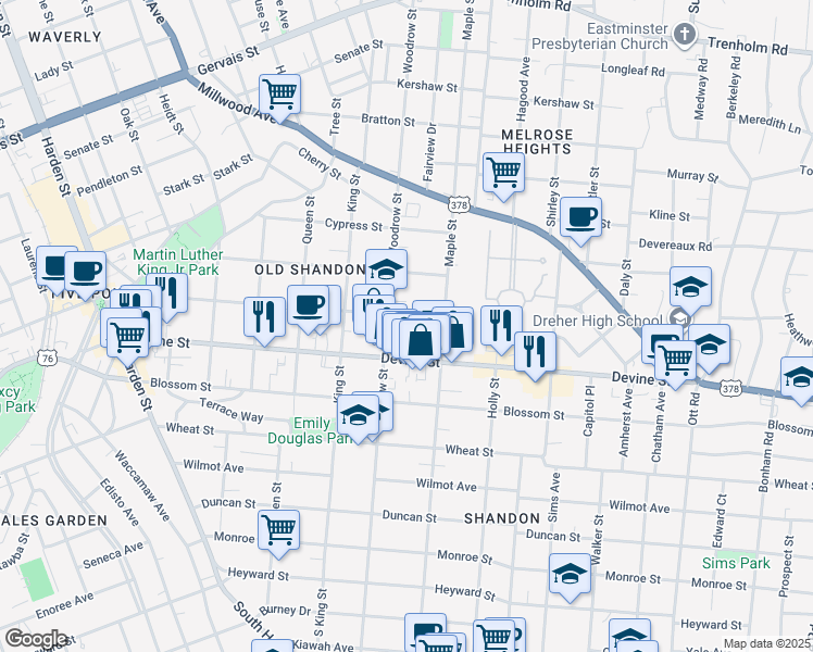 map of restaurants, bars, coffee shops, grocery stores, and more near 103G Maple Street in Columbia
