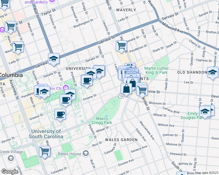 map of restaurants, bars, coffee shops, grocery stores, and more near 1829 Greene Street in Columbia