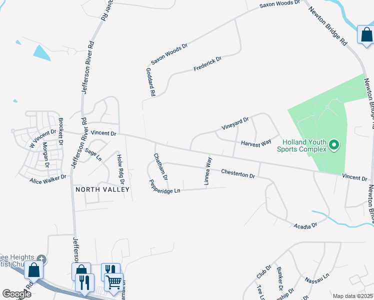 map of restaurants, bars, coffee shops, grocery stores, and more near 599 Vincent Drive in Athens