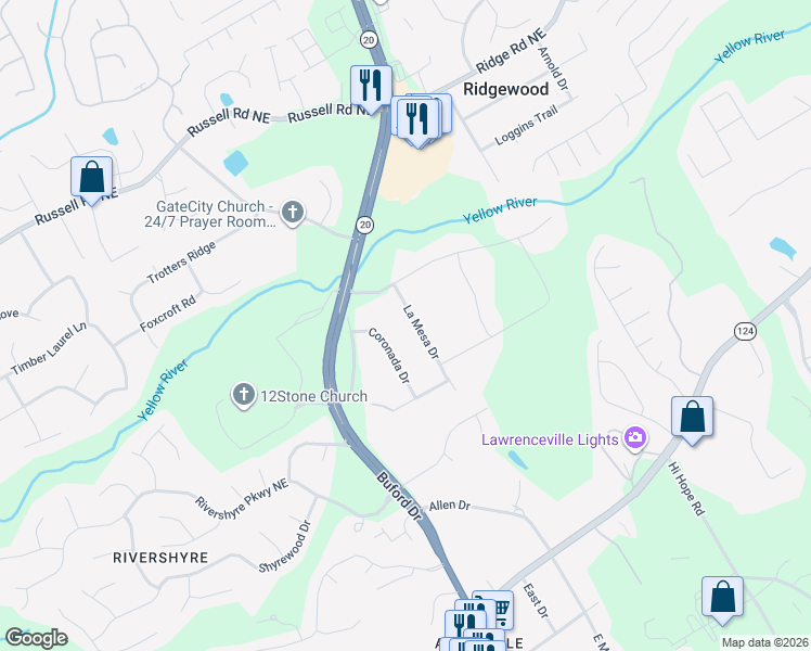 map of restaurants, bars, coffee shops, grocery stores, and more near 1302 La Mesa Drive in Lawrenceville