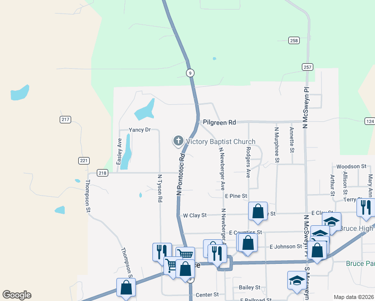 map of restaurants, bars, coffee shops, grocery stores, and more near 350 North Pontotoc Road in Bruce