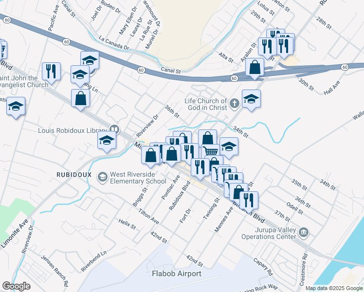 map of restaurants, bars, coffee shops, grocery stores, and more near 3705 Pioneer Drive in Riverside
