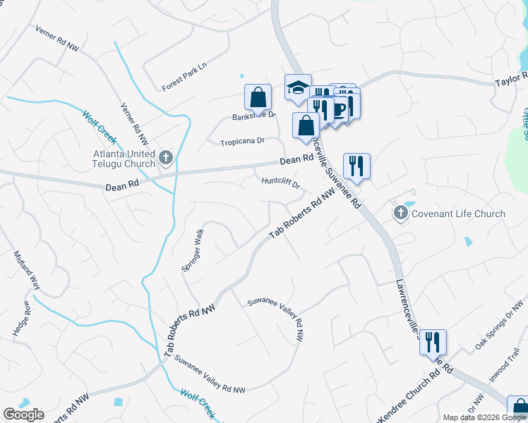 map of restaurants, bars, coffee shops, grocery stores, and more near 761 Hounds Ridge Court in Lawrenceville