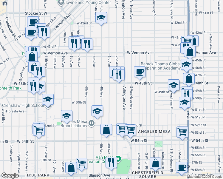 map of restaurants, bars, coffee shops, grocery stores, and more near 4832 3rd Avenue in Los Angeles