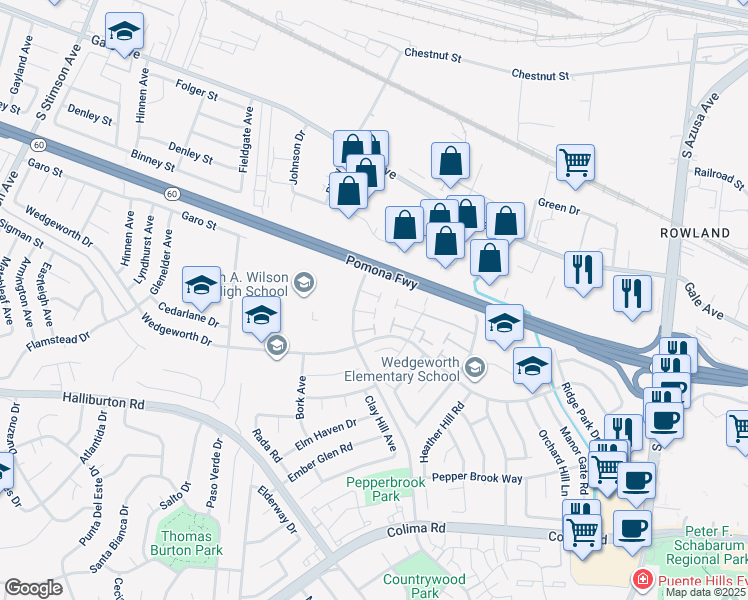 map of restaurants, bars, coffee shops, grocery stores, and more near 1422 Countrywood Avenue in Hacienda Heights