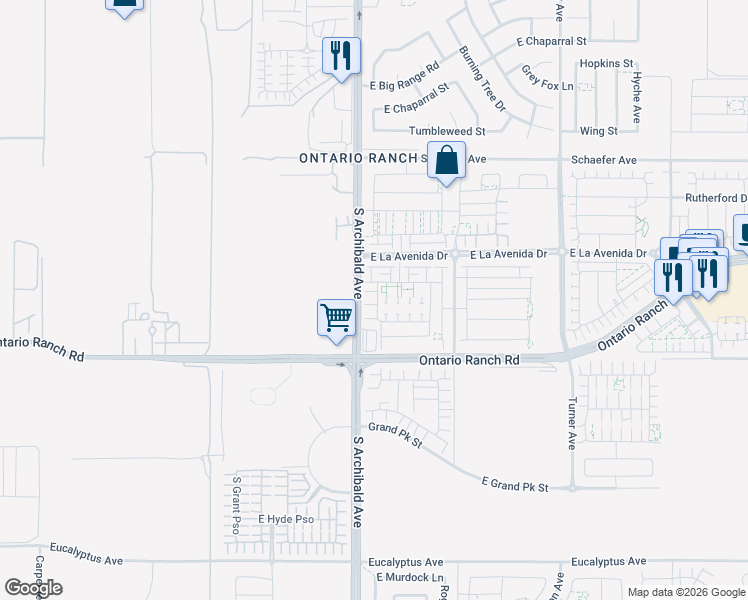 map of restaurants, bars, coffee shops, grocery stores, and more near 4100 South Bodega Way in Ontario