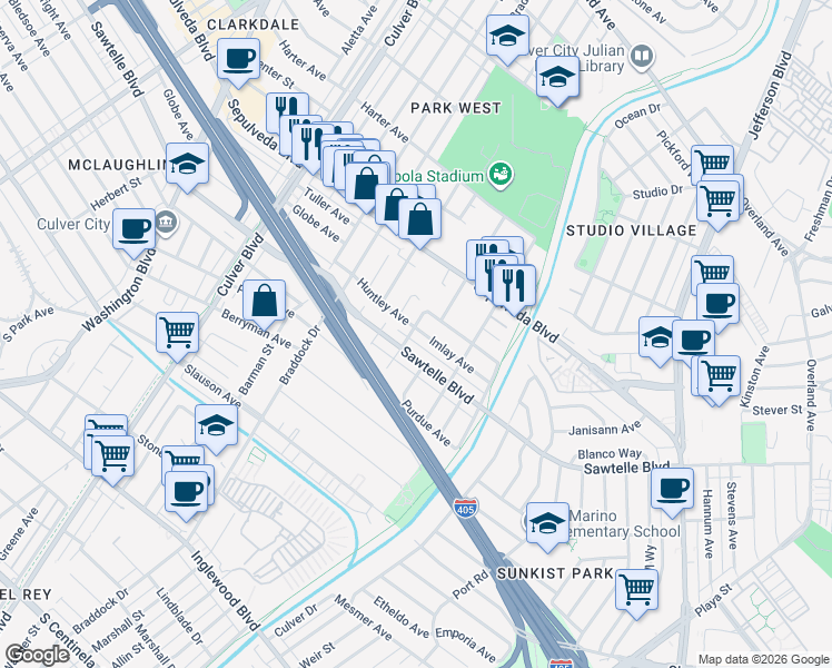 map of restaurants, bars, coffee shops, grocery stores, and more near 4757 Imlay Avenue in Culver City