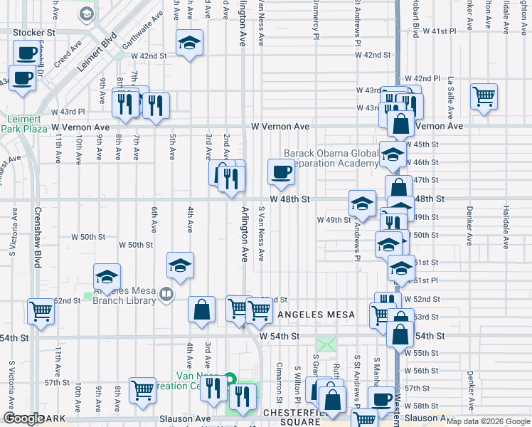 map of restaurants, bars, coffee shops, grocery stores, and more near 4820 South Van Ness Avenue in Los Angeles
