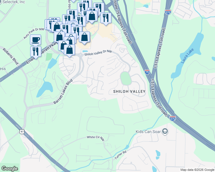 map of restaurants, bars, coffee shops, grocery stores, and more near 597 Jackson Ridge Drive Northwest in Kennesaw