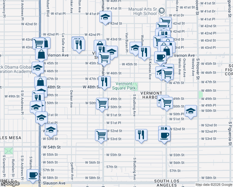 map of restaurants, bars, coffee shops, grocery stores, and more near 1306 West 48th Street in Los Angeles