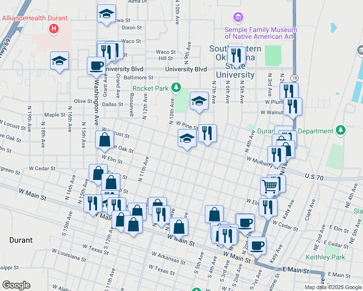 map of restaurants, bars, coffee shops, grocery stores, and more near 812 West Locust Street in Durant