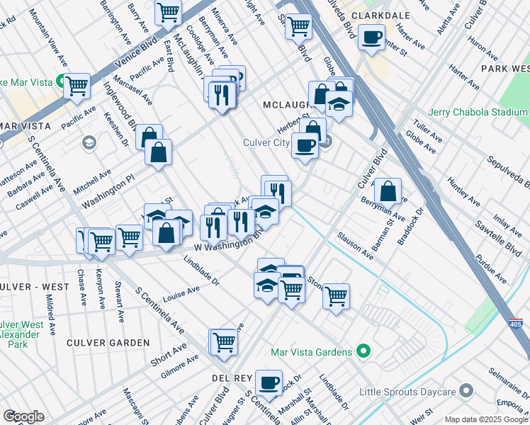 map of restaurants, bars, coffee shops, grocery stores, and more near 11791 Washington Boulevard in Los Angeles