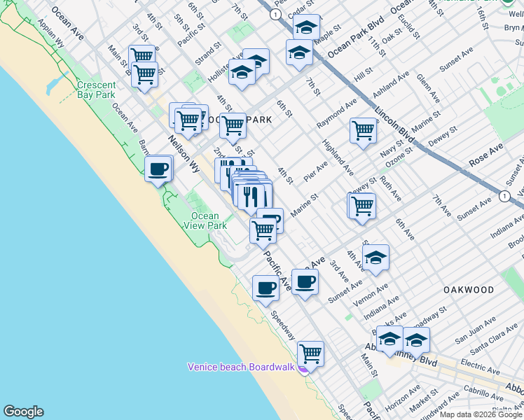 map of restaurants, bars, coffee shops, grocery stores, and more near 2922 2nd Street in Santa Monica